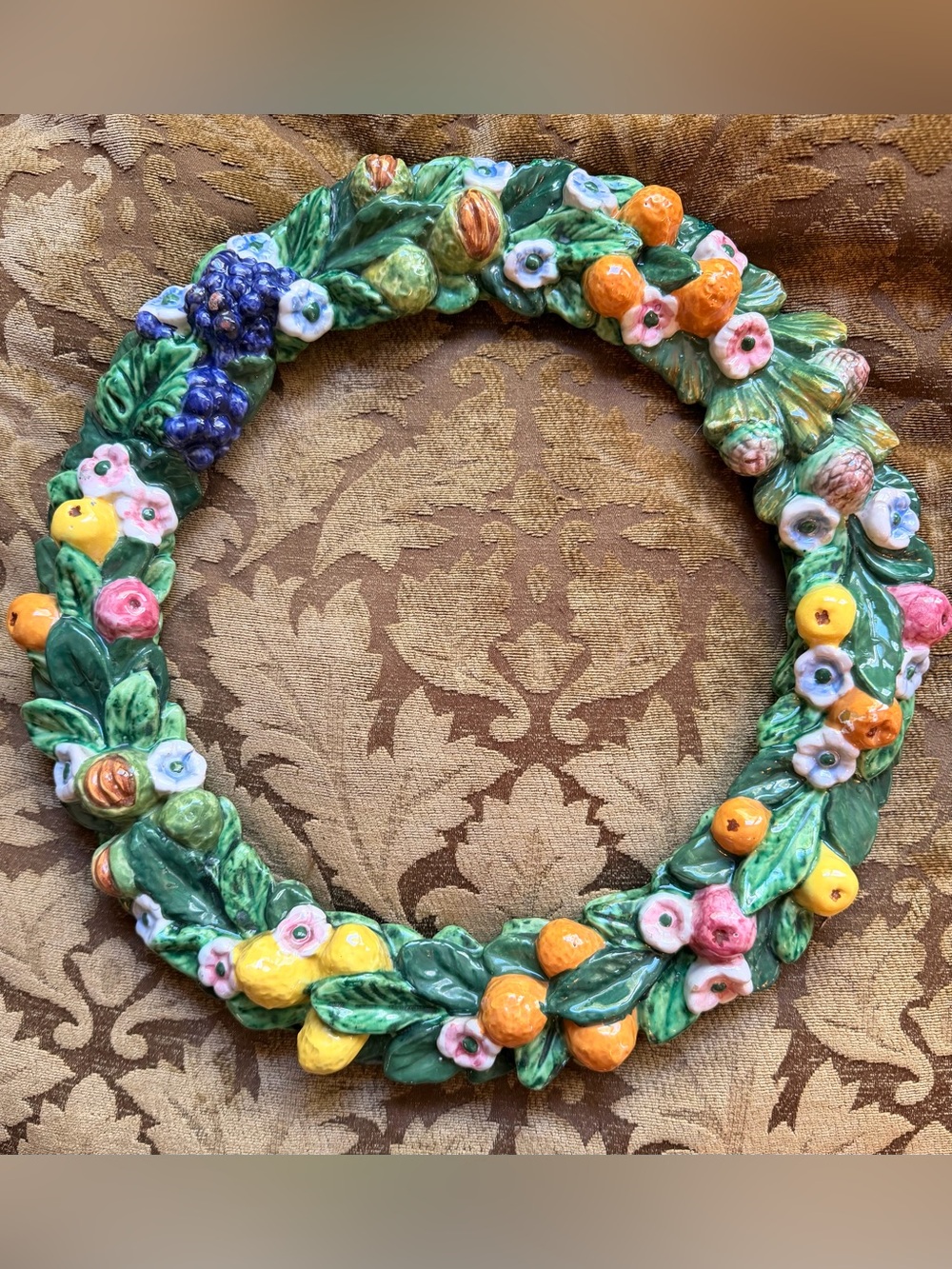 Italian Vintage Majolica Fruit wreath Frame/Wall art 15”